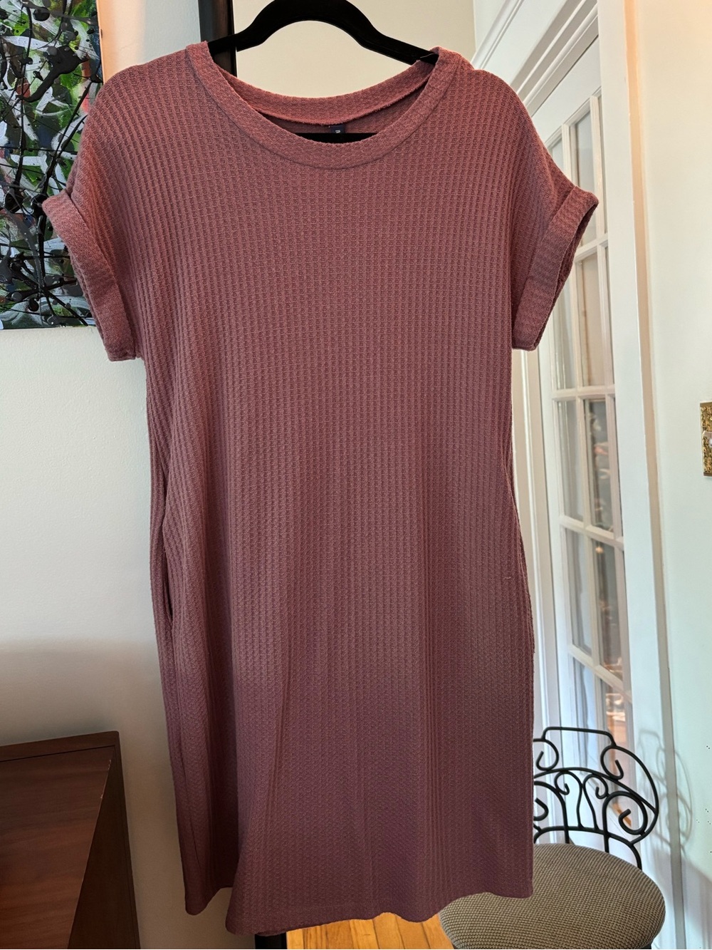 Waffle Knit Short Sleeve T-Shirt Dress - Dusty Rose